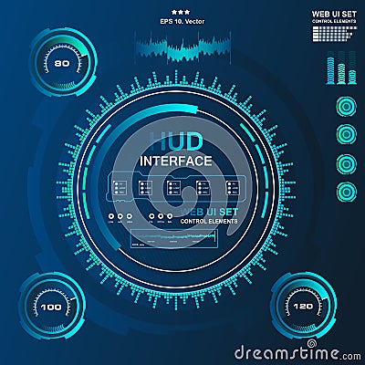 Futuristic blue virtual graphic touch user interface, Music interface, tracks, volume controls Cartoon Illustration