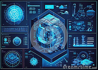 Futuristic blueprint-like interface filled with data, schematics, and digital elements Stock Photo