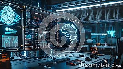 A futuristic brain computer interface setup in a high tech lab with neural data visualizations Stock Photo