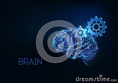 Futuristic brainstorm, creative thinking concept with gloving low polygonal human brain and gears Vector Illustration