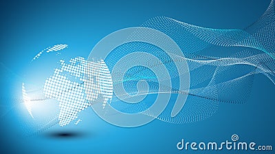 Futuristic Bright Global Technology, Networking and Cloud Computing Design Concept with Earth Globe and 3D Wavy Lines Pattern Vector Illustration