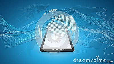 Futuristic Bright Global Technology, Networking and Cloud Computing Design Concept with Earth Globe and Tablet PC Vector Illustration