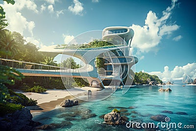 Futuristic tropical landscape with an elegant building of future architecture Stock Photo