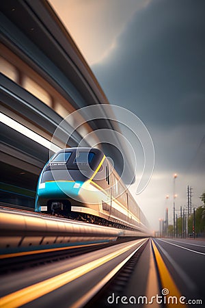 Futuristic bullet train on the rail passing through the city. Generative AI_3 Stock Photo