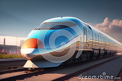 Futuristic bullet train on the rail passing through the city. Generative AI_5 Stock Photo