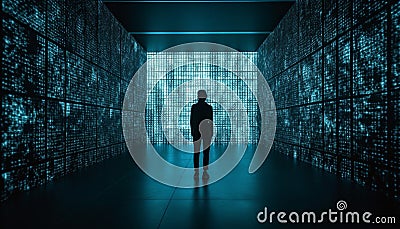 Futuristic businessman standing in glowing corridor watching data generated by AI Stock Photo