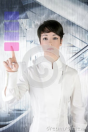 Futuristic businesswoman office finger touch pad Stock Photo