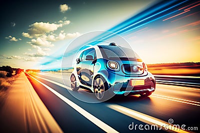 Futuristic car driven by AI run on a highway, illustration ai generative Cartoon Illustration