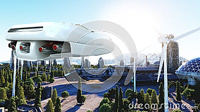 Futuristic car flying over the city, town. Transport of the future. Aerial view. 3d rendering. Stock Photo