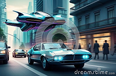 Futuristic car in oldtimer style against the backdrop of bright city streets. Stock Photo