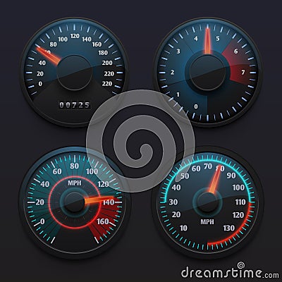 Futuristic car speedometers, speed indicators with pointer for vehicle dashboard isolated vector set Vector Illustration