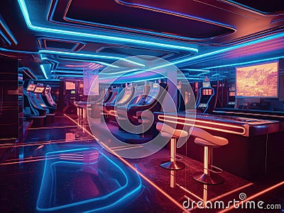 Futuristic neon casino with holographic slot machines Stock Photo