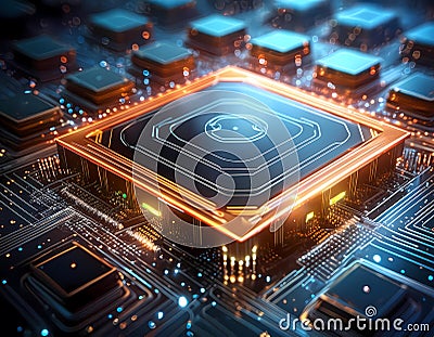 Futuristic central processor unit. Powerful Quantum CPU on PCB motherboard with data transfers. Stock Photo