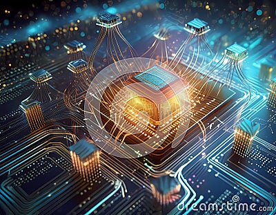 Futuristic central processor unit. Powerful Quantum CPU on PCB motherboard with data transfers. Stock Photo