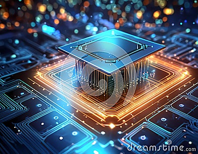 Futuristic central processor unit. Powerful Quantum CPU on PCB motherboard with data transfers. Stock Photo