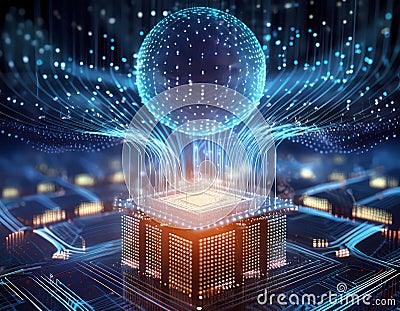 Futuristic central processor unit. Powerful Quantum CPU on PCB motherboard with data transfers. Stock Photo