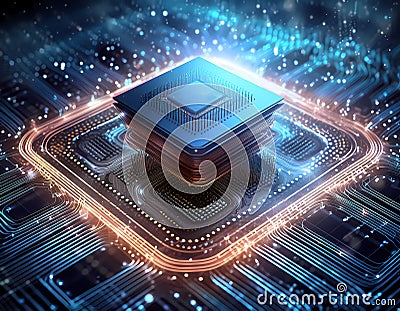 Futuristic central processor unit. Powerful Quantum CPU on PCB motherboard with data transfers. Stock Photo