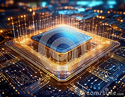 Futuristic central processor unit. Powerful Quantum CPU on PCB motherboard with data transfers. Stock Photo