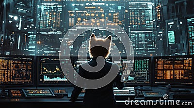 Futuristic character with fox head working at multiple digital screens in an advanced tech environment. Generative AI Stock Photo