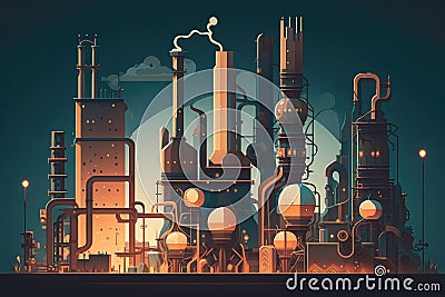 a futuristic chemical refinery with automated machinery and robots performing chemical processing Stock Photo