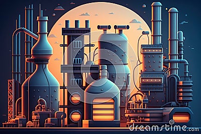 a futuristic chemical refinery with automated machinery and robots performing chemical processing Stock Photo