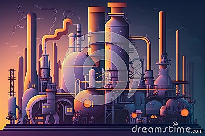 a futuristic chemical refinery with automated machinery and robots performing chemical processing Stock Photo