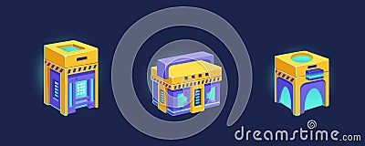 Futuristic Chests Or Trunks Ui Game Icons. Closed Boxes With Money Or Assets, Gui Elements With Future Technologies Vector Illustration