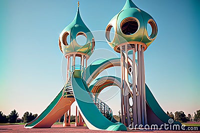 A futuristic children's playground with towering slides and colorful structures, generative ai Cartoon Illustration