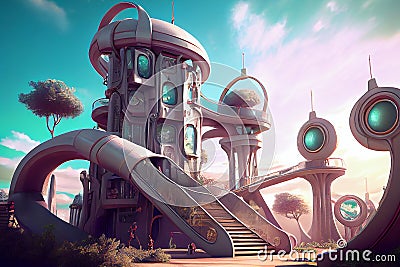 A futuristic children's playground with towering slides and colorful structures, generative ai Cartoon Illustration