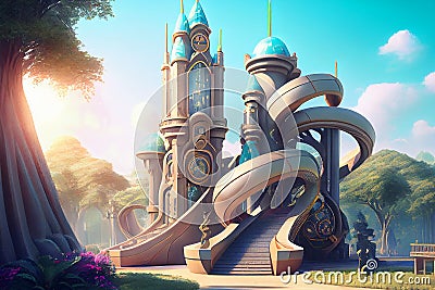 A futuristic children's playground with towering slides and colorful structures, generative ai Cartoon Illustration
