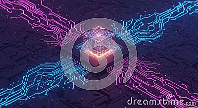 Futuristic chip with neon circuits, a technology cube, and processor for innovation, connectivity, and advanced computing Stock Photo