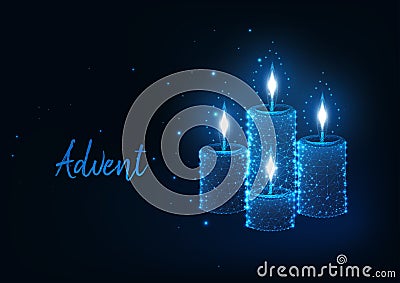 Futuristic Christmas Advent concept with glowing low polygonal burning candles with lights Cartoon Illustration