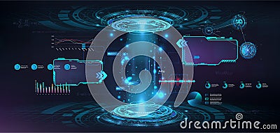 Futuristic circle 3D lab with HUD elements interface UI, GUI, Web presentation. 3D stage hologram with glow, light Vector Illustration
