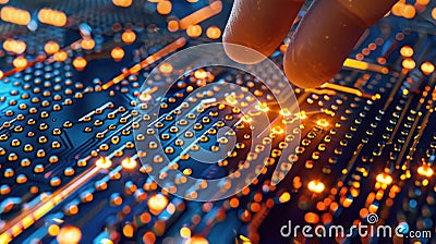 Futuristic Circuit Board with Glowing Code Lines for Programming and Innovation Concept Stock Photo