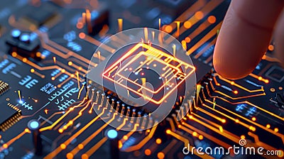 Futuristic Circuit Board with Glowing Code Lines for Programming and Innovation Concept Stock Photo