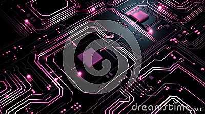 Futuristic Circuit Board with Glowing Pink Connectors and Processors Stock Photo
