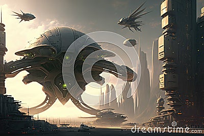 futuristic city, with alien blaster and surveillance drones in the foreground Stock Photo