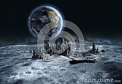 Futuristic city, base, town on moon. The space view of the planet earth. expedition. 3d rendering Stock Photo