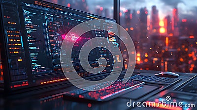 Futuristic city coder desk, data analysis, night Stock Photo