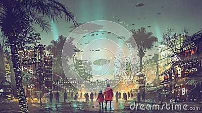 The futuristic city with colorful light Cartoon Illustration