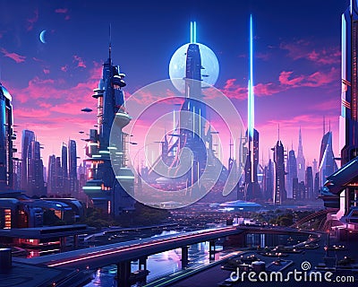 Futuristic city in evening tall buildings view Cartoon Illustration