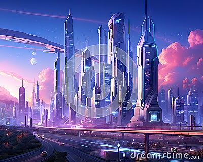 Futuristic city in evening tall buildings view Cartoon Illustration