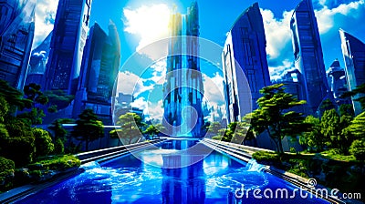 Futuristic city with fountain in the foreground and blue sky in the background. Generative AI Stock Photo
