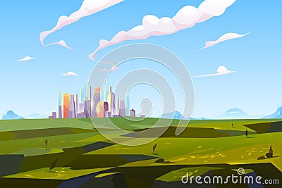 Futuristic city in green valley among mountains Vector Illustration
