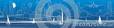 Futuristic City infrastructure panoramic illustration. Airplane fly. Night town at background. Sailing yachts on water. White line Vector Illustration