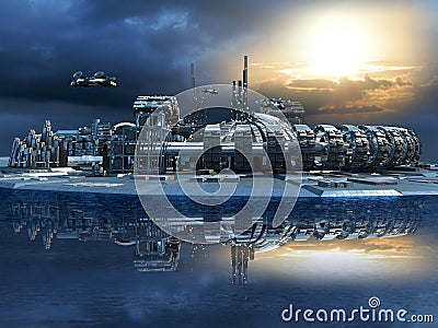 Futuristic city with marina and hoovering aircrafts Stock Photo