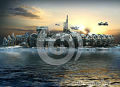 Futuristic city with marina and hoovering aircrafts Stock Photo