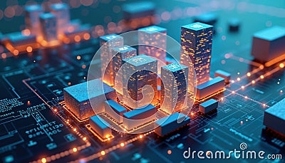Futuristic city model glowing with data visualizations on digital network infrastructure. 3D rendering shows urban design with Stock Photo