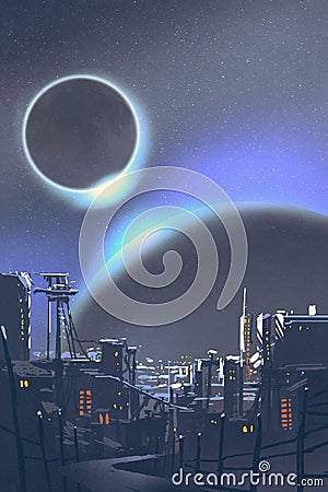 The futuristic city with planets and solar eclipse on background Stock Photo