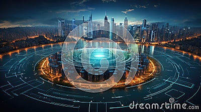 Futuristic city skyline with digital currency symbols illuminating the night sky. Cityscape features skyscrapers with embedded Stock Photo